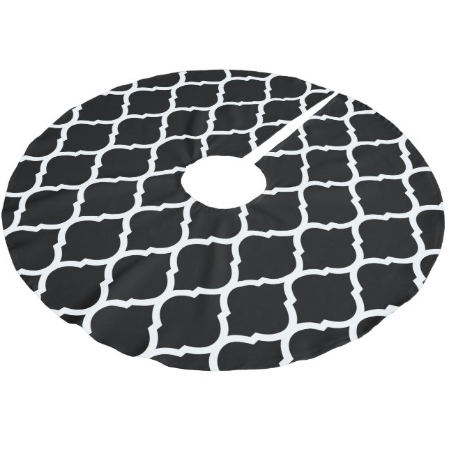 Schwarz-Weiß-Marokkanisch-Quatrefolie Polyester Weihnachtsbaumdecke (Schrägansicht)