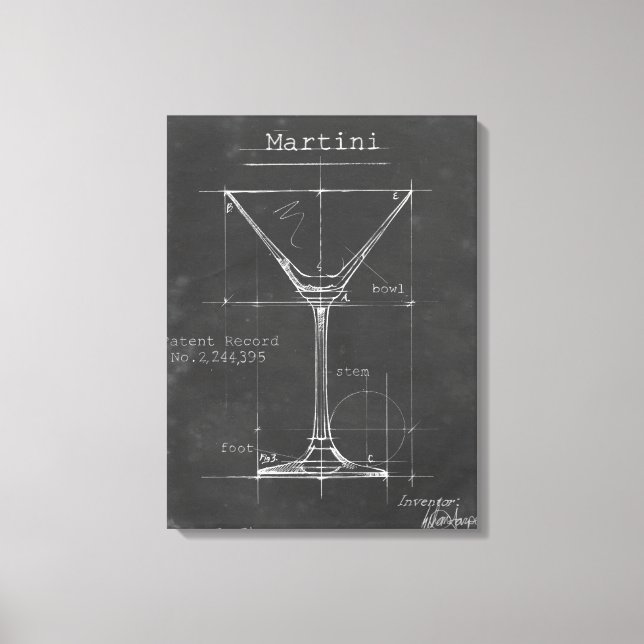 Schwarz-Weiß-Martini-Glas-Blueprint Leinwanddruck (Vorderseite)