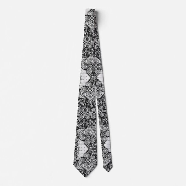 Schwarz-Weiß-Maximalist Paisley Floral Garden Krawatte (Vorderseite)