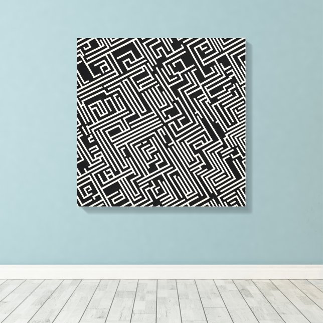 Schwarz-Weiß-Maze-Geometrie - Minimalistische Abst Leinwanddruck (Insitu (Holzboden))