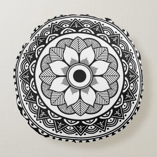 Schwarz-Weiß-Medallion-Kissen Rundes Kissen (Vorderseite)