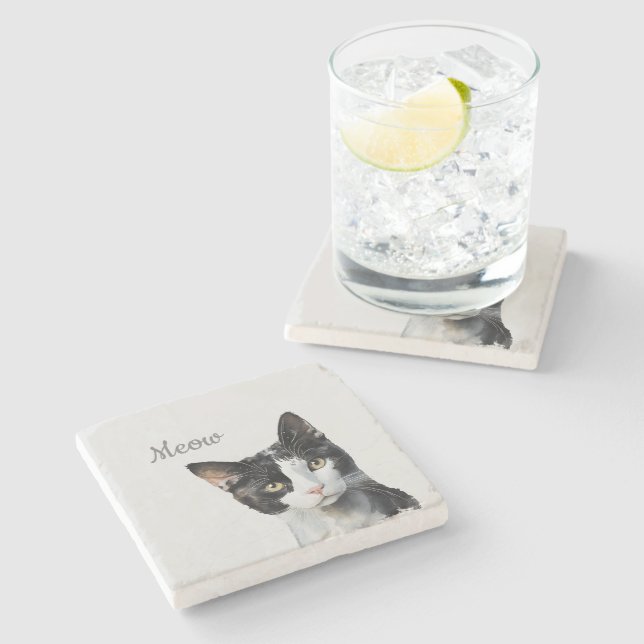 Schwarz-weiß Meow Cat Steinuntersetzer (Seitenansicht)