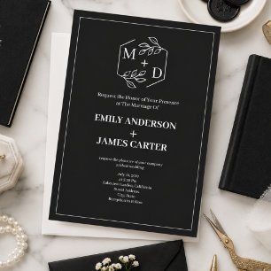 Schwarz-Weiß-Minimal-Botanik-Monogramm-Hochzeit  Einladung