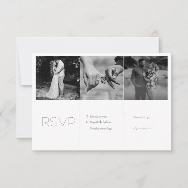 Schwarz-Weiß-Minimal-Foto-Collage Hochzeit RSVP Karte (Vorderseite)