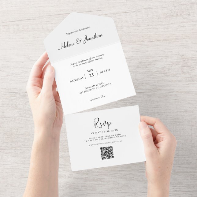 Schwarz-Weiß-Minimal Moderne Elegante Hochzeit All In One Einladung (Abreißen)