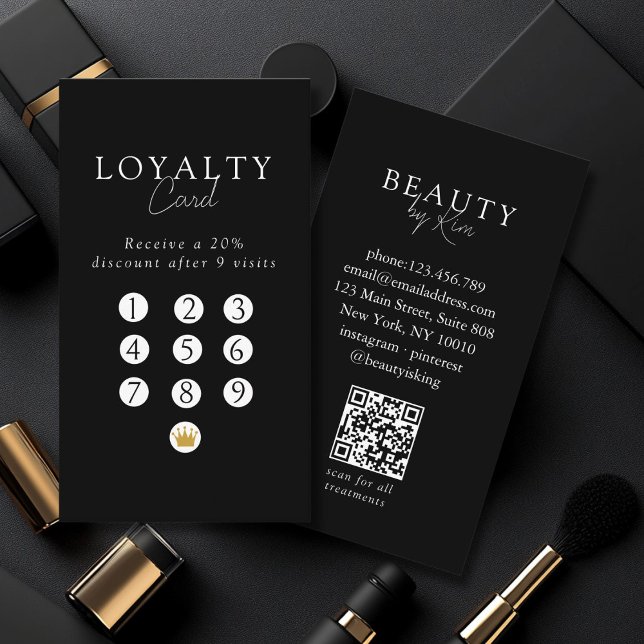 Schwarz-Weiß-Minimal-Salon QR-Code-Treueprogramm Visitenkarte (Black & White Minimal Salon QR Code Loyalty Business Card)