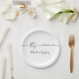 Schwarz-Weiß-Minimalistisch-Monogramm-Hochzeit Pappteller