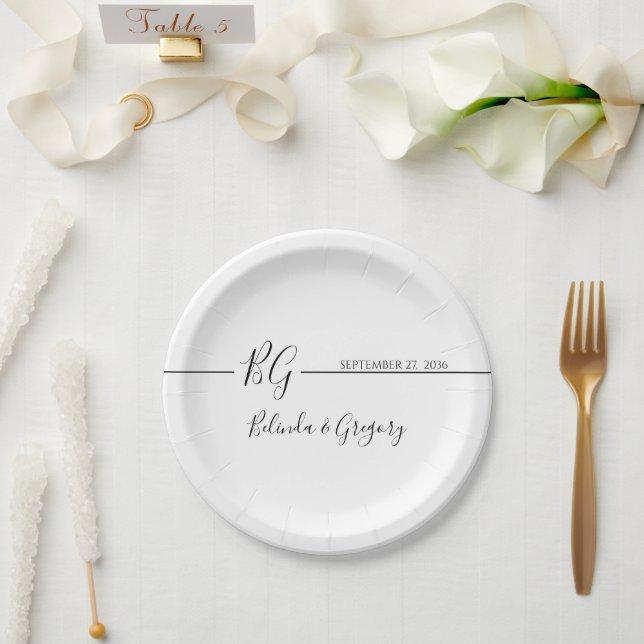 Schwarz-Weiß-Minimalistisch-Monogramm-Hochzeit Pappteller (Hochzeit)