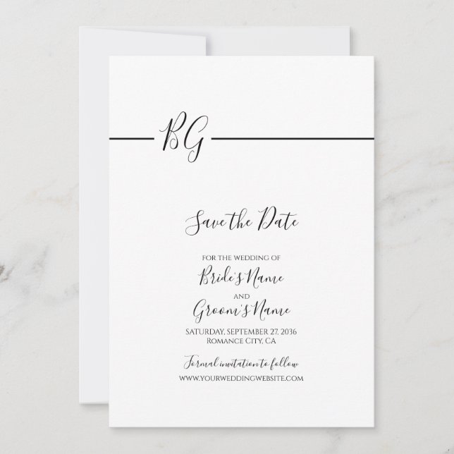 Schwarz-Weiß-Minimalistisch-Monogramm-Hochzeit Save The Date (Vorderseite)