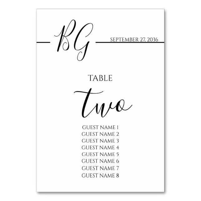 Schwarz-Weiß-Minimalistisch-Monogramm-Hochzeit Tischnummer (Vorderseite)