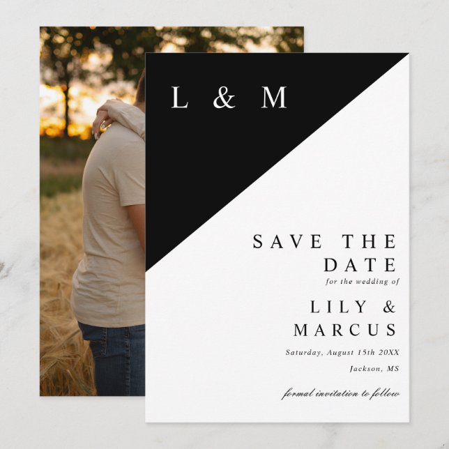 Schwarz-Weiß-Minimalistisch-Monogramm-Hochzeitszit Save The Date (Vorne/Hinten)