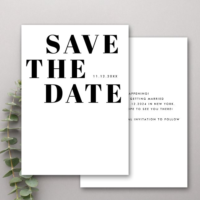 Schwarz-Weiß-Minimalistische Einfache Hochzeit Save The Date (Front / Back)