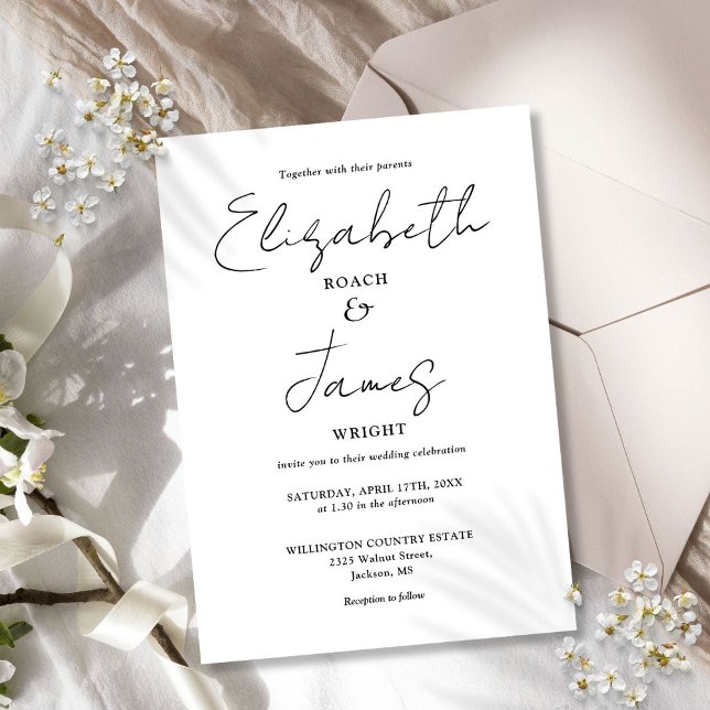 Schwarz-Weiß-Minimalistische, elegante Script-Hoch Einladung (Black And White Minimalist Elegant Script Wedding Invitation)