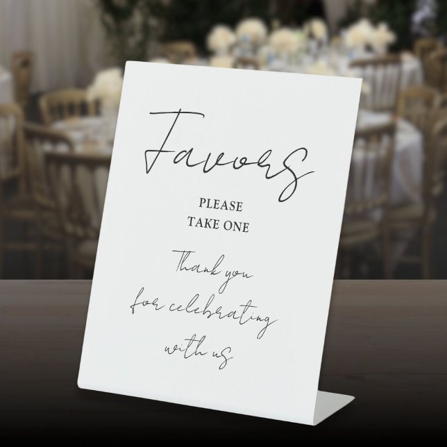 Schwarz-Weiß-Minimalistische, elegante Skriptfavor Sockelschild (Black And White Minimalist Elegant Script Favors Pedestal Sign)