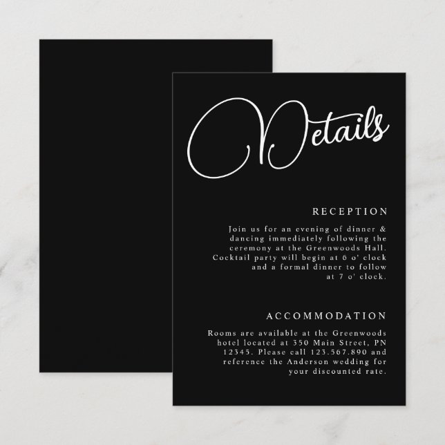Schwarz-Weiß-Minimalistische Skriptdetails Hochzei Begleitkarte (Vorne/Hinten)