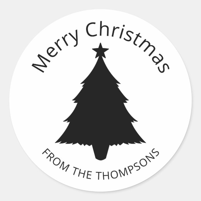 Schwarz-Weiß-Minimalistische Weihnachtsbaum und St Runder Aufkleber (Vorderseite)