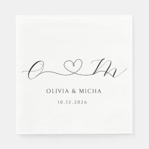 Schwarz-Weiß-Minimalistisches-Herz-Monogramm-Hochz Serviette