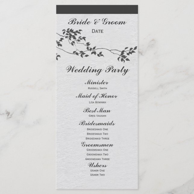 Schwarz-weiß minimalistisches Hochzeitsprogramm mi Programm (Vorderseite)