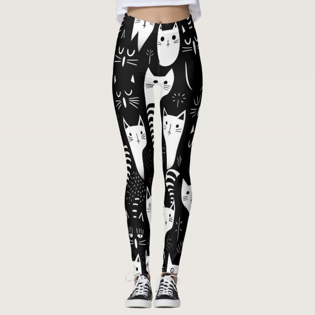 Schwarz-Weiß-Minimalistisches Katzenmuster Leggings (Vorderseite)
