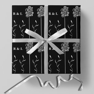 Schwarz-weiß minimalistisches lockiges Floral Geschenkpapier