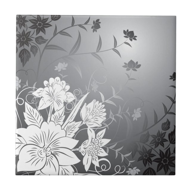 schwarz-weiß mit Blumenmuster Fliese (Vorderseite)
