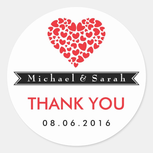 Schwarz-Weiß mit Rot-Herz-Hochzeitsticker Runder Aufkleber (Vorderseite)