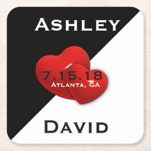 Schwarz-weiß mit rotem Herz-Save the Date Rechteckiger Pappuntersetzer