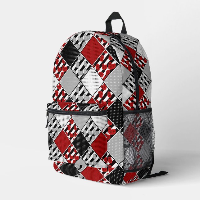 Schwarz-weiß mit rotem Retro-Patchwork Bedruckter Rucksack (Rückseitige Ecke Rechts)