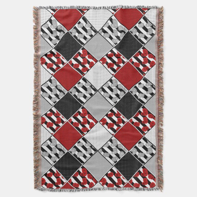 Schwarz-weiß mit rotem Retro-Patchwork Decke (Vorderseite Vertikal)