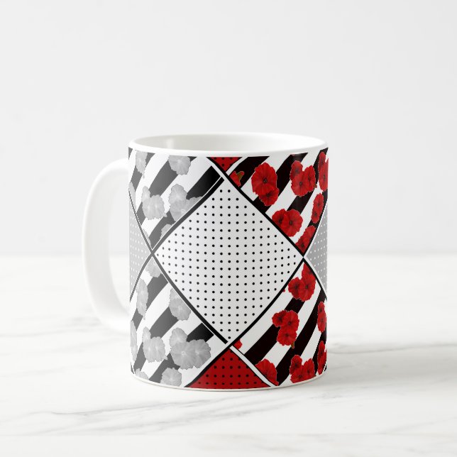 Schwarz-weiß mit rotem Retro-Patchwork Kaffeetasse (Vorderseite Links)
