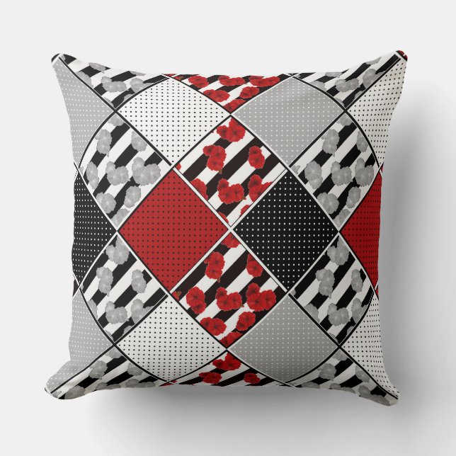 Schwarz-weiß mit rotem Retro-Patchwork Kissen (Vorderseite)
