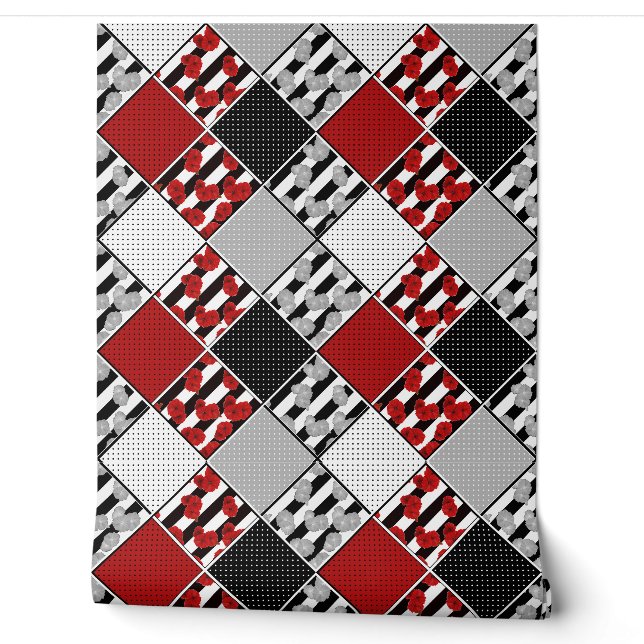 Schwarz-weiß mit rotem Retro-Patchwork Tapete (Abrollen)