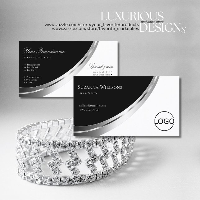 Schwarz-Weiß mit Silber-Dekoration und Logo Modern Visitenkarte (Von Creator hochgeladen)
