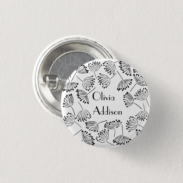 Schwarz-weiß Modern Name Blume Dandela anpassen Button (Vorne & Hinten)