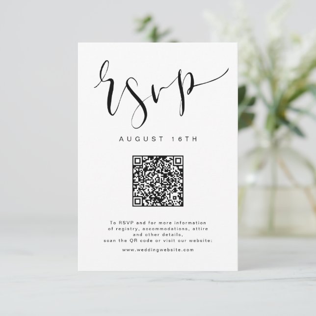 Schwarz-weiß Modern Simple Script Hochzeit QR-Code RSVP Karte (Stehend Vorderseite)