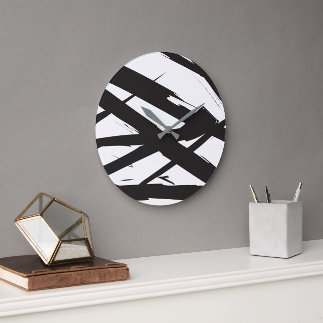 Schwarz-Weiß-Moderne Abstrakte Kunstlinie dekorier Große Wanduhr (Büro)