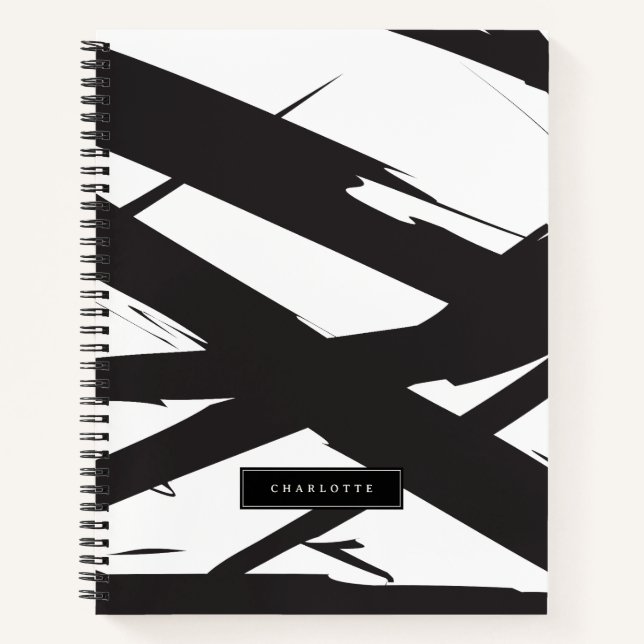 Schwarz-Weiß-Moderne Abstrakte Kunstlinie dekorier Notizbuch (Vorderseite)