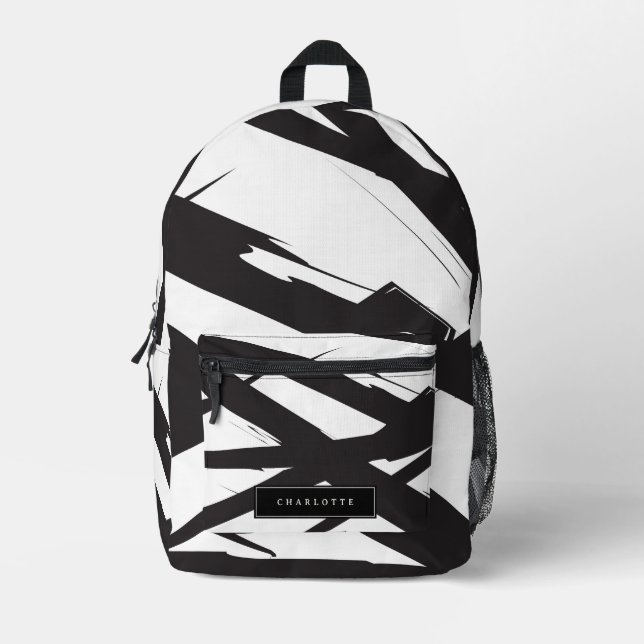 Schwarz/Weiß Moderne Abstrakte Kunstlinie Individu Bedruckter Rucksack (Vorderseite)