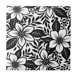 Schwarz-weiß, moderne, blühende Blumenpracht Fliese