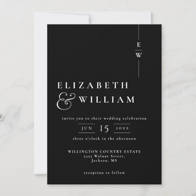 Schwarz-Weiß-Moderne, elegante Monogramm-Hochzeit Einladung (Vorderseite)