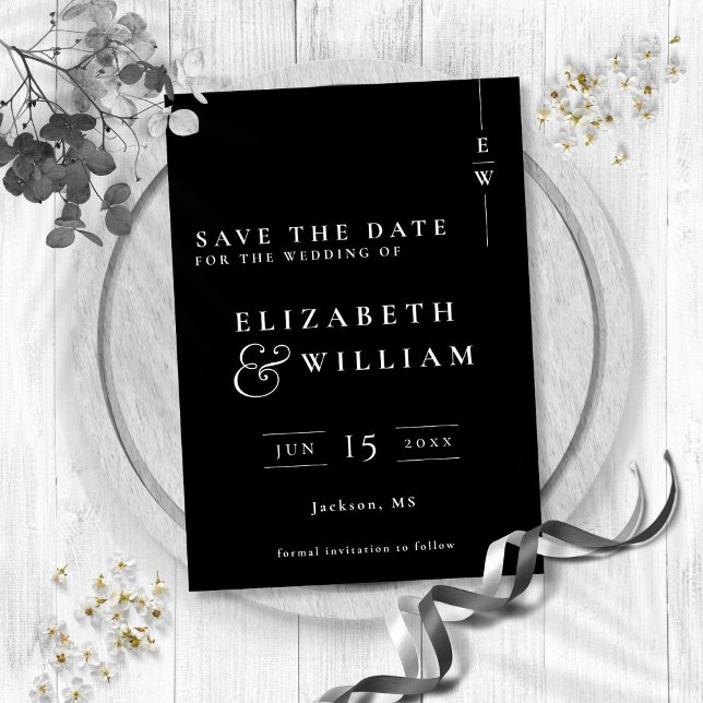 Schwarz-Weiß-Moderne, elegante Monogramm-Hochzeit Save The Date (Black And White Modern Elegant Monogram Wedding Save The Date)