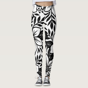 Schwarz Weiß Moderne Florale Elegante Tropische Bl Leggings