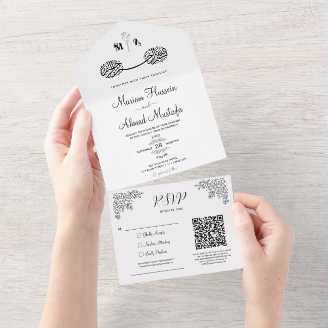 Schwarz & Weiß Moderne Minimal floral Islamische N All In One Einladung (Abreißen)