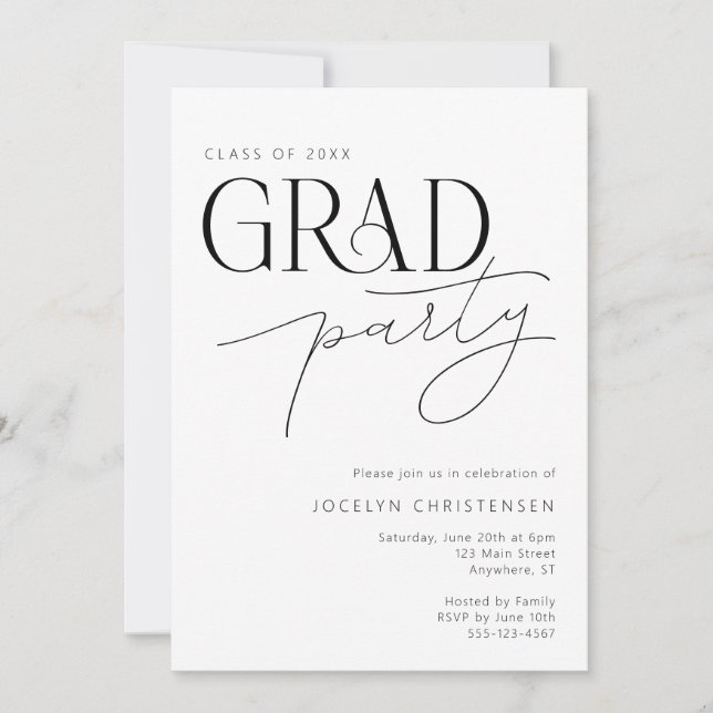 Schwarz-weiß Moderne Minimal Grad Party Einladung (Vorderseite)