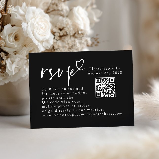 Schwarz-Weiß-moderne Minimalistische Hochzeitsskal Begleitkarte (Black Minimalist QR Code RSVP Cards)