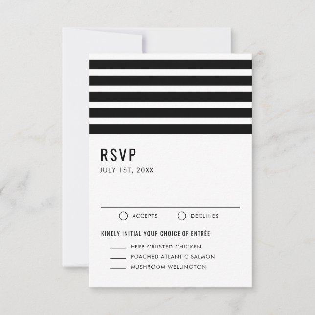 Schwarz-Weiß-moderne Streifen Hochzeitsfahrt RSVP Karte (Vorderseite)
