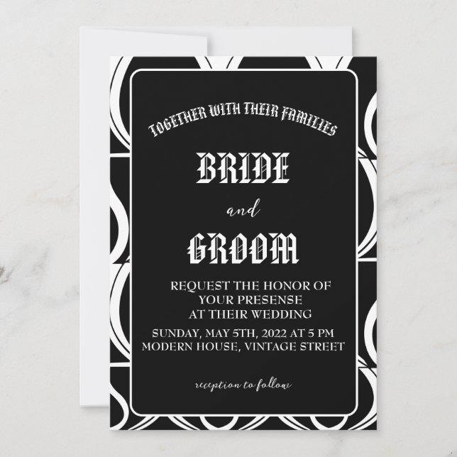 Schwarz/Weiß Moderne Vintage Art Déco Hochzeit Einladung (Vorderseite)