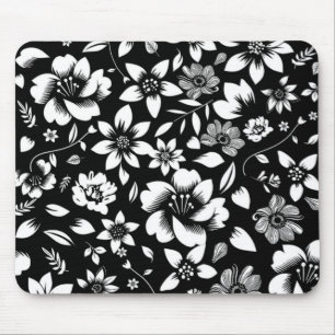 Schwarz-Weiß moderner floraler Blätter-Blasdruck Mousepad
