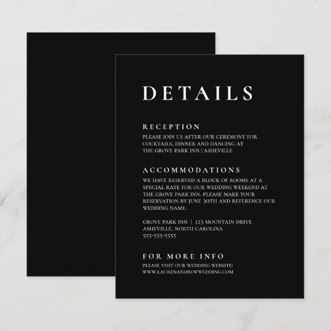 Schwarz-Weiß Modernes Minimalistisches Elegantes 2 Begleitkarte (Vorne/Hinten)