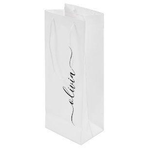 Schwarz-weiß modernes Skript girly Monogramm Name Geschenktüte Für Weinflaschen